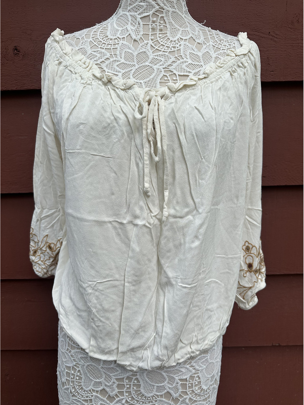 Maurices Off the Shoulder Blouse White Cream Floral Embroidered Bardot Neckline